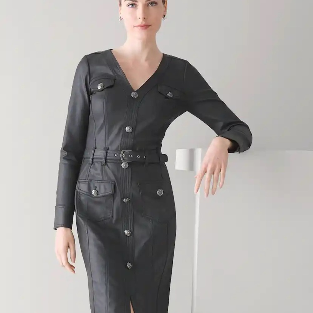 WHBM STUNNING! WASHABLE Coated Denim Shirt Dress Black Leather Look Size 2